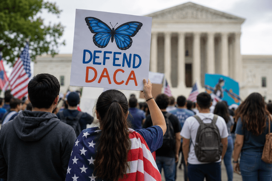 Manifestação em defesa do DACA com cartaz “Defend DACA” em frente à Suprema Corte dos EUA