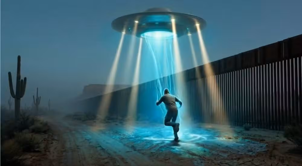 Ilustração de um disco voador com feixes de luz sobre uma pessoa correndo perto do muro de fronteira no deserto