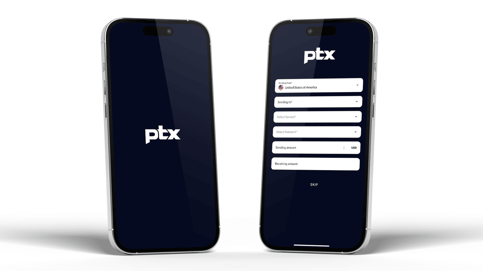 Dois smartphones lado a lado exibem o aplicativo da PTX Exchange: um com o logotipo ptx na tela escura e outro com o formulário de envio de remessas a partir dos Estados Unidos