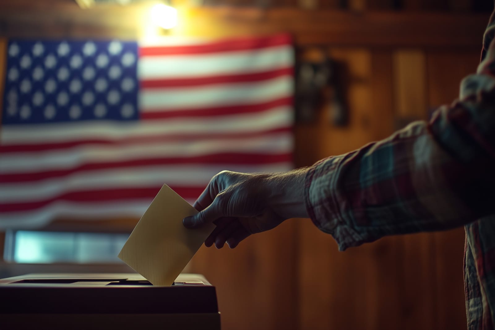 Mão deposita envelope de votação em urna, com bandeira americana ao fundo