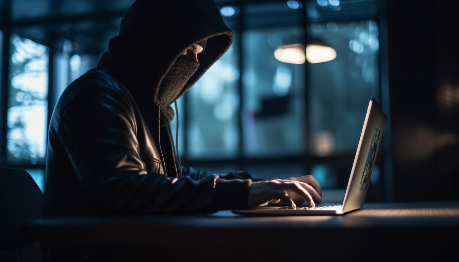 Pessoa encapuzada digitando em um notebook no escuro