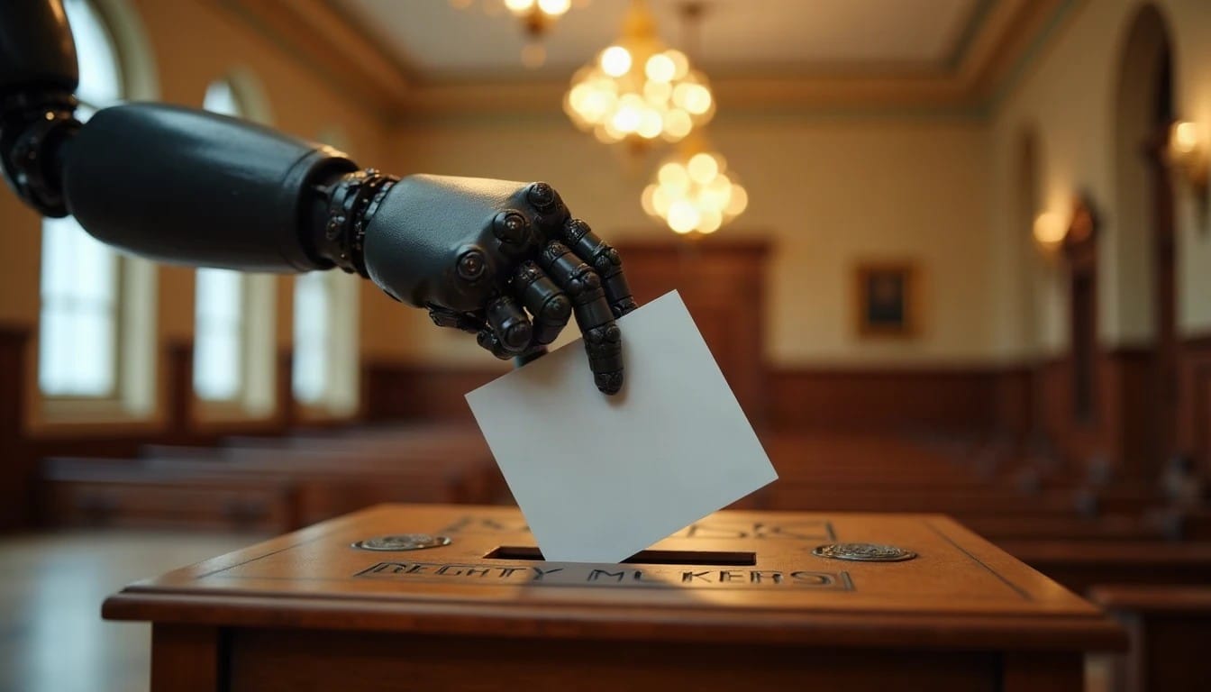 Braço robótico depositando uma cédula de votação em uma urna de madeira