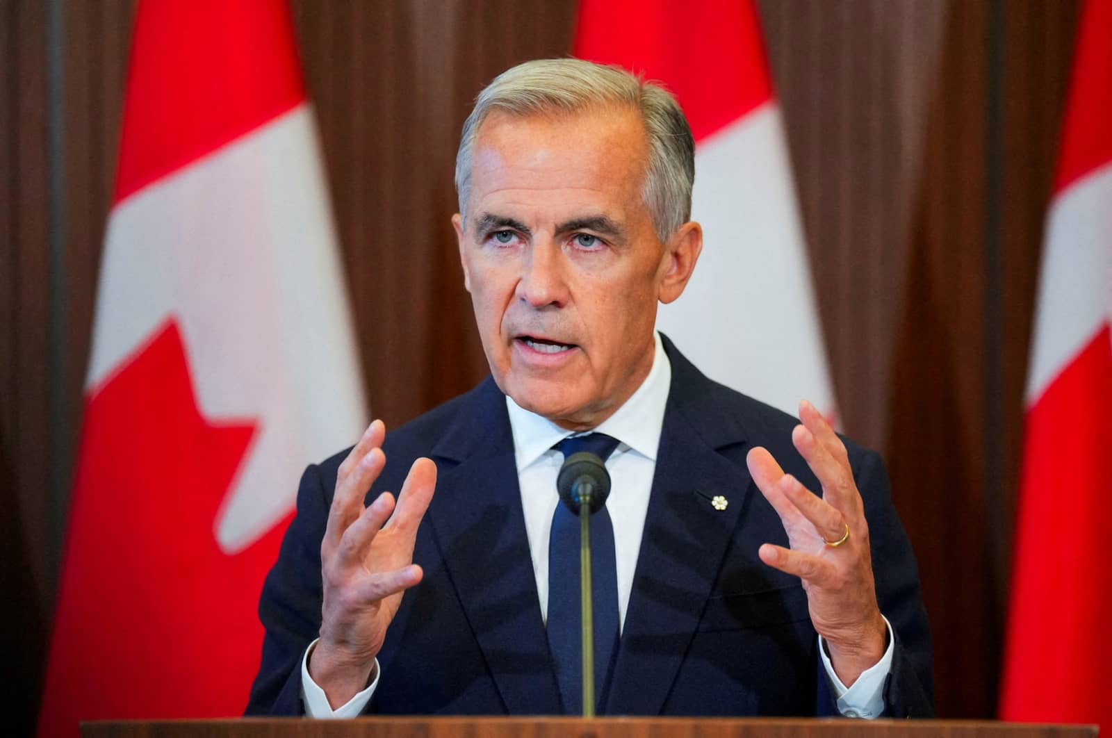 Mark Carney discursando diante de bandeiras do Canadá