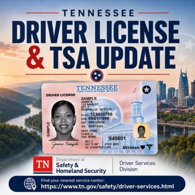 Peça informativa do Departamento de Segurança Pública do Tennessee com o título DRIVER LICENSE & TSA UPDATE e um modelo de carteira de motorista do estado com a estrela do REAL ID