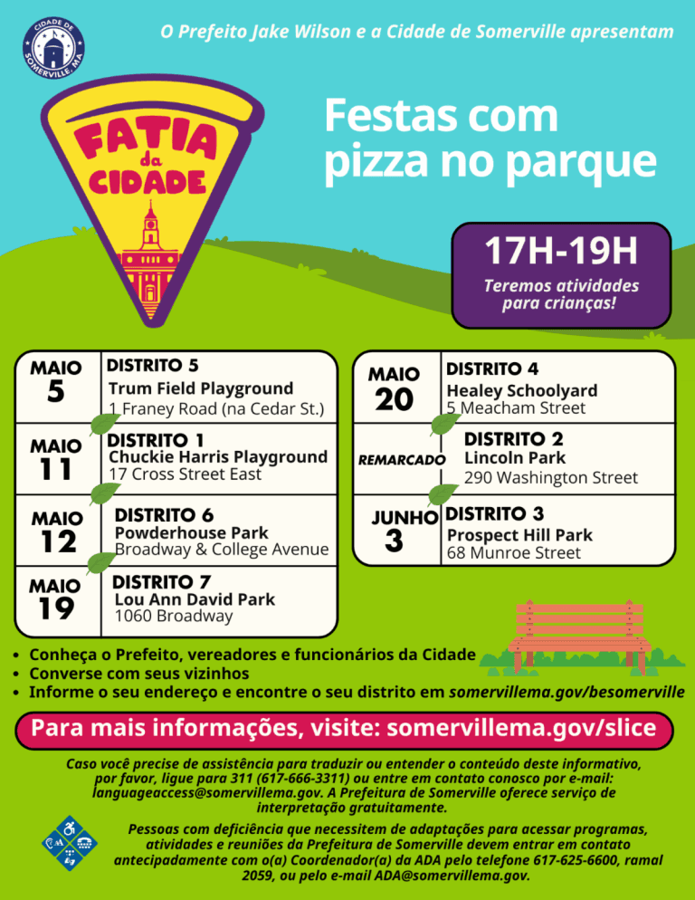 Cartaz da prefeitura de Somerville, em português, anunciando as festas com pizza nos parques com datas e endereços