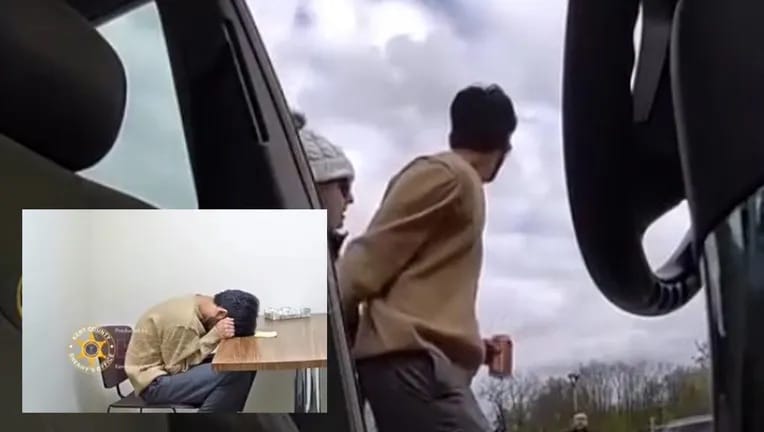 Montagem de imagens de vigilância: um homem de blusa bege caminha ao lado de um carro e, em destaque, aparece sentado de cabeça baixa diante de moedas sobre uma mesa, com o brasão do xerife do Condado de Kent