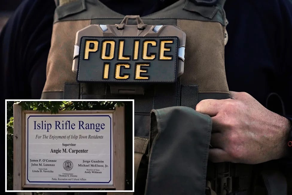 Colete de agente com a inscrição POLICE ICE em destaque e, em detalhe, a placa do Islip Rifle Range