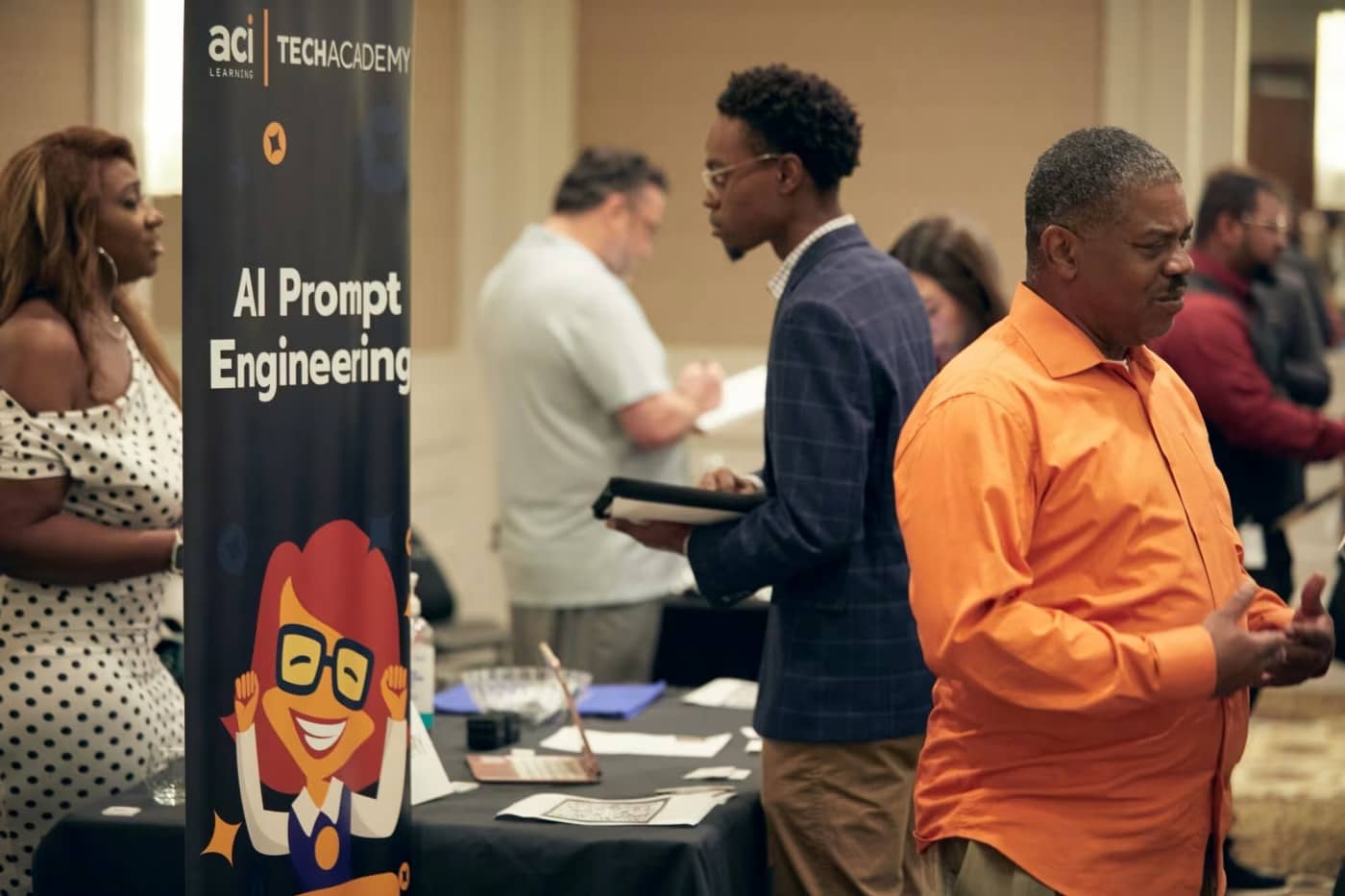 Candidatos conversam com recrutadores em feira de empregos, ao lado de banner de curso de engenharia de prompt de inteligência artificial