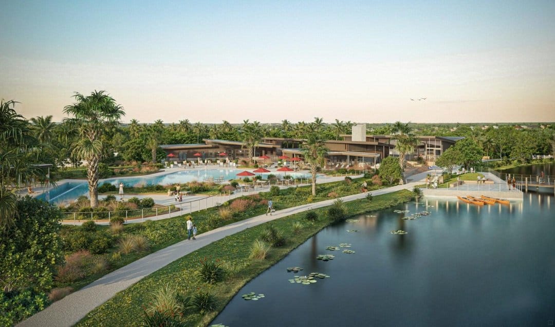 Render da comunidade planejada Sunbridge com lago, área de piscina e construções baixas