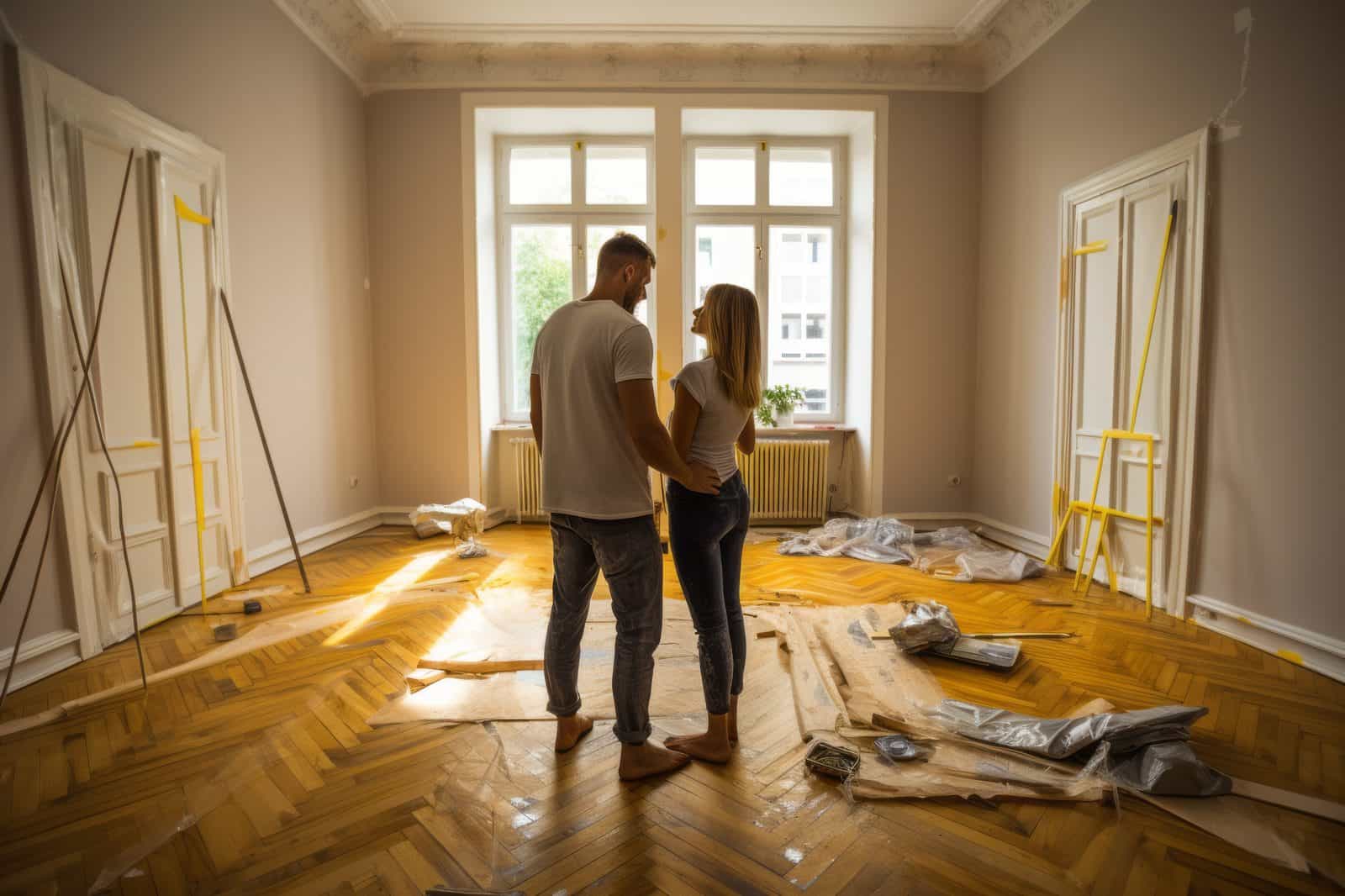 Casal observa cômodo de casa em obras, com piso protegido e materiais de reforma espalhados